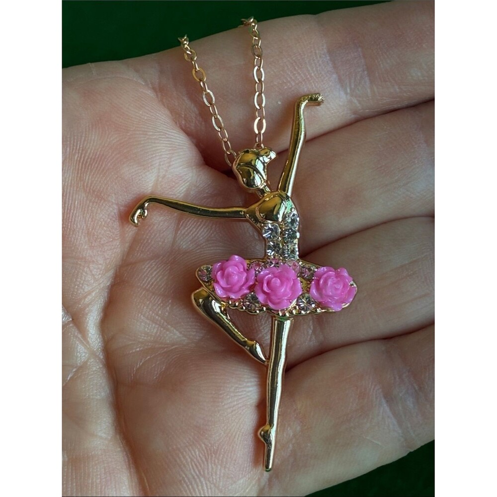 NWT Gold-Tone Ballerina Pendant Necklace with Pink Rose Tutu & white crystals